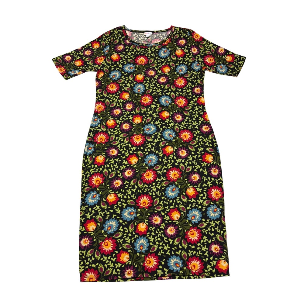 LuLaRoe Julia Dress XL Floral Black Short Sleeve Sheath Knee Length NWT #152